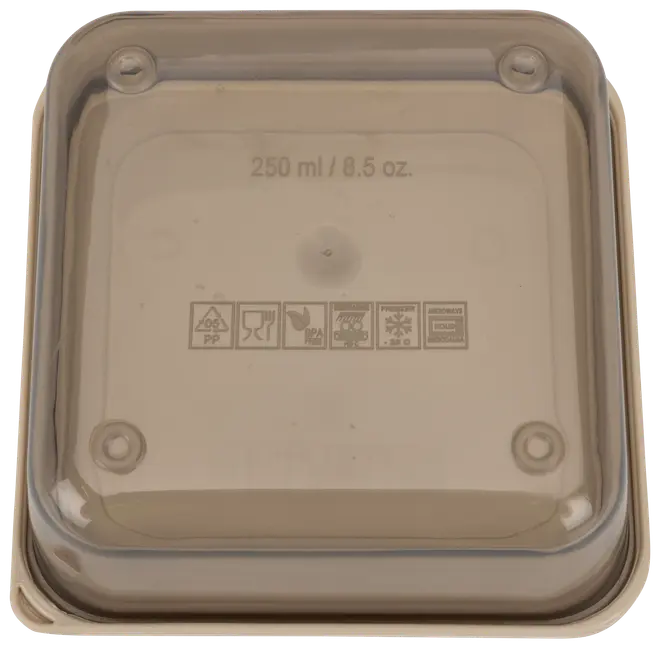 Fyrkantigt genomskinligt plastlock till matbehållare, 250 ml kapacitet, med symboler för mikro, frys och diskmaskin. Fyra rundade hörn, lätt upphöjda kanter.