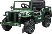 Grøn legetøjsjeep med militært look, fungerende forlygter, detaljeret frontgitter, sort sæde, 4x4 mærker og robuste dæk. Realistisk design, nummerplade og stjernedekaler.