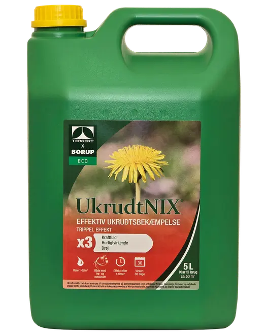 Grøn 5-liters plastdunk med gul låg, mærket 'UkrudtNIX' ukrudtsmiddel. Etiketten viser en mælkebøtte, øko-mærke og information om tredobbelt effekt og hurtig virkning.