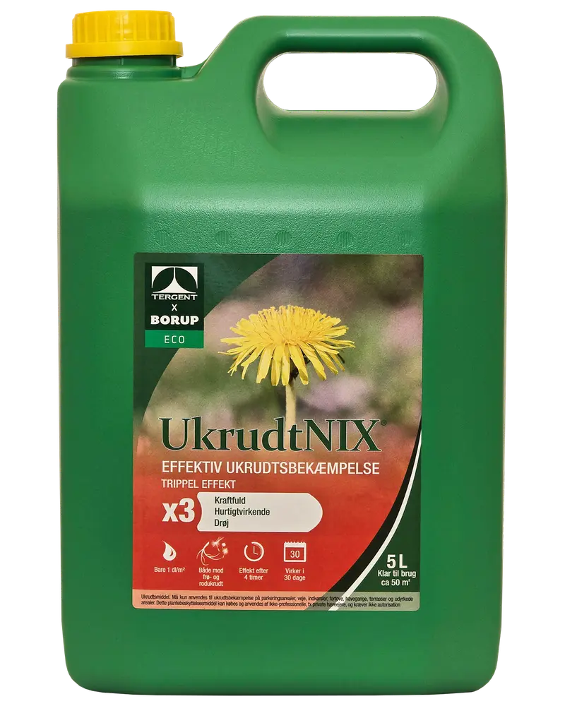 Grøn 5-liters plastdunk med gul låg, mærket 'UkrudtNIX' ukrudtsmiddel. Etiketten viser en mælkebøtte, øko-mærke og information om tredobbelt effekt og hurtig virkning.