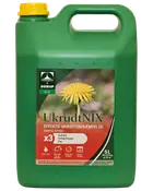 Grøn 5-liters plastdunk med gul låg, mærket 'UkrudtNIX' ukrudtsmiddel. Etiketten viser en mælkebøtte, øko-mærke og information om tredobbelt effekt og hurtig virkning.