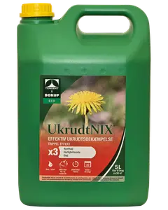 Grøn 5-liters plastdunk med gul låg, mærket 'UkrudtNIX' ukrudtsmiddel. Etiketten viser en mælkebøtte, øko-mærke og information om tredobbelt effekt og hurtig virkning.