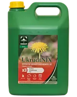 Grøn 5-liters plastdunk med gul låg, mærket 'UkrudtNIX' ukrudtsmiddel. Etiketten viser en mælkebøtte, øko-mærke og information om tredobbelt effekt og hurtig virkning.