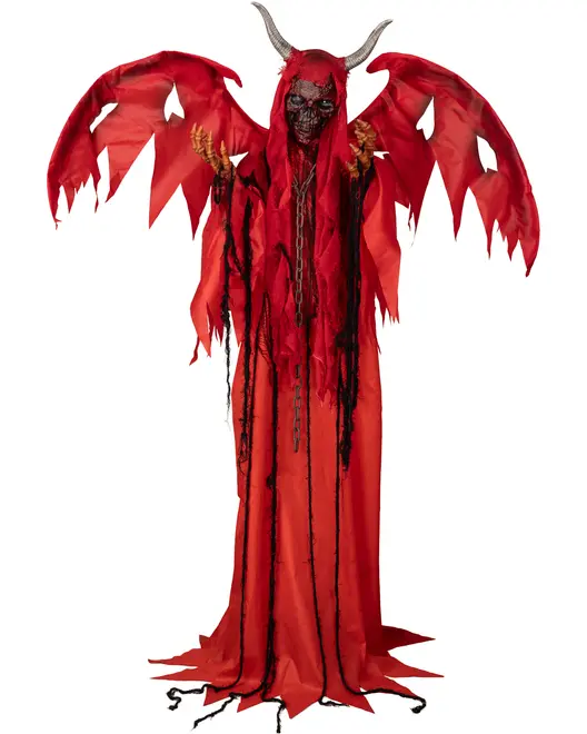 Rødt dæmonkostume med flossede vinger, lang kappe, sorte kæder og fastgjorte horn. Kostumet har ujævne kanter og slidte detaljer. Perfekt til Halloween eller temafester.