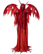 Rødt dæmonkostume med flossede vinger, lang kappe, sorte kæder og fastgjorte horn. Kostumet har ujævne kanter og slidte detaljer. Perfekt til Halloween eller temafester.