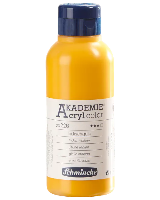 500 ml flaske Schmincke Akademie Acryl Color akrylmaling i Indian Yellow, med blåt skruelåg og hvid etiket med produktinformation på flere sprog.