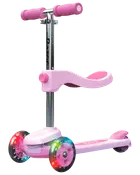 Lyserød børnescooter med tre hjul, justerbart styr og sæde. Forhjulene har farverige LED-lys. Velegnet til små børn, robust og sikker konstruktion.