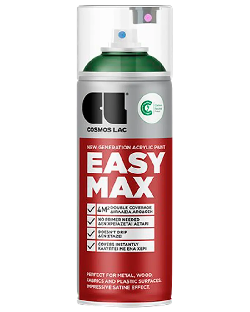400 ml spraydåse med Cosmos Lac Easy Max akrylmaling, velegnet til metal, træ, stof og plast, giver dobbelt dækkeevne, kræver ingen primer og har satinfinish.