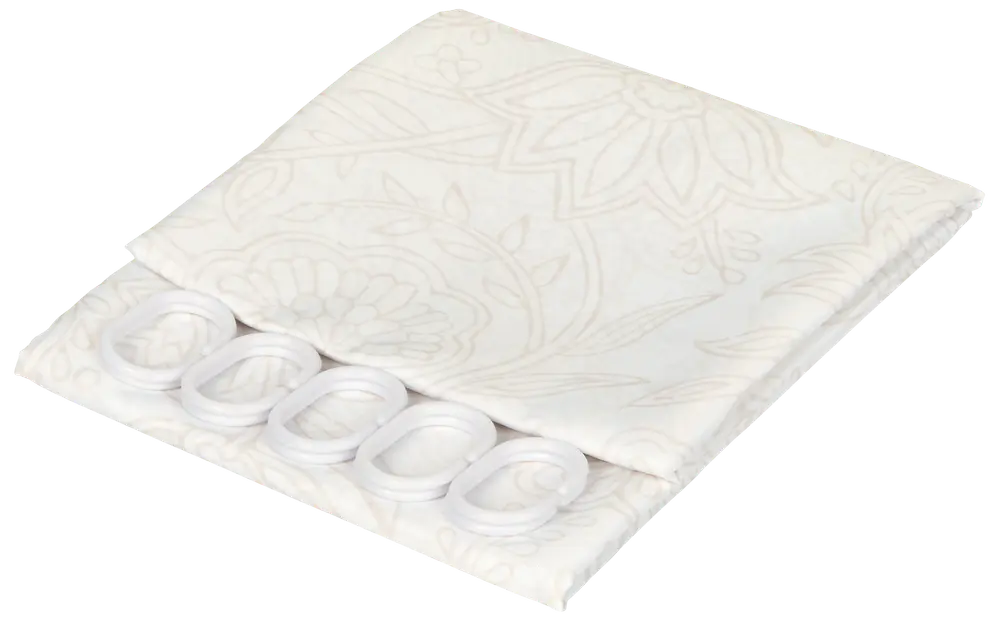 Hvidt gardin med diskret blomstermønster, inkluderer seks hvide plastikkroge til ophængning. Lavet af let stof, egnet til vinduer eller brusebad. Elegant og enkelt design.