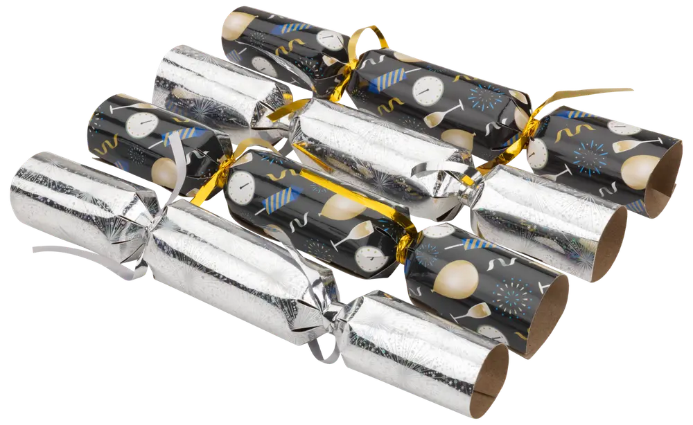 Set med åtta festliga smällkarameller, med glänsande silver och svart design, klockor, ballonger och konfetti, knutna med guldband. Perfekt för firande och högtider.
