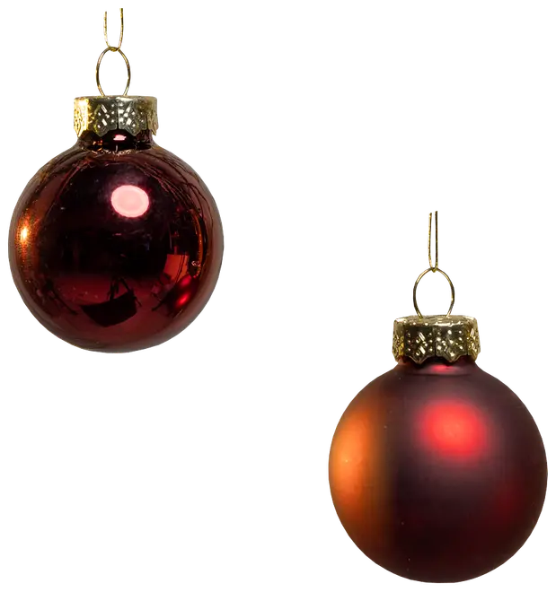 Sæt med to runde juleornamenter, én blank og én mat, begge i dyb rød farve med guldfarvede hætter og ophæng, velegnet til juletræspynt.