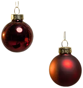 Set med två runda julgranskulor, en blank och en matt, båda i mörkröd färg med guldfärgade toppar och upphängningsöglor, perfekta för granen.