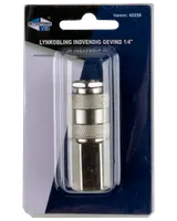 Metal lynkobling med indvendigt gevind, 1/4 tomme, riflet greb for nem håndtering, pakket i klar plastblister på mærket papbaggrund.