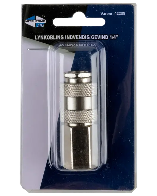 Metal lynkobling med indvendigt gevind, 1/4 tomme, riflet greb for nem håndtering, pakket i klar plastblister på mærket papbaggrund.