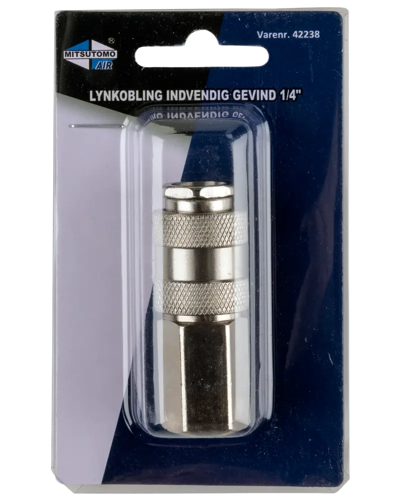 Metal lynkobling med indvendigt gevind, 1/4 tomme, riflet greb for nem håndtering, pakket i klar plastblister på mærket papbaggrund.