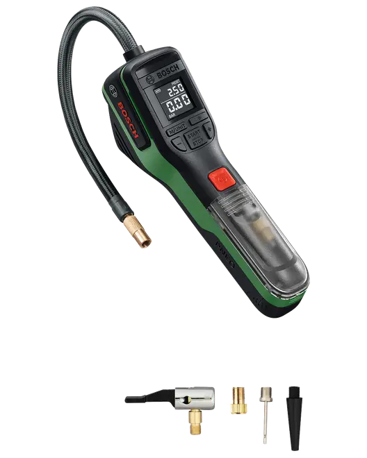 Bosch digital dækpumpe med LCD-skærm, fleksibel slange og flere dyseadaptere. Kompakt, håndholdt design i sort og grøn, velegnet til bil-, cykel- og sportsdæk.