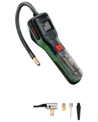 Bosch digital dækpumpe med LCD-skærm, fleksibel slange og flere dyseadaptere. Kompakt, håndholdt design i sort og grøn, velegnet til bil-, cykel- og sportsdæk.