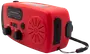Rød nødradio med FM/AM-tuner, volumen- og indstillingsknapper, indbygget højttaler, SOS-knap, USB- og DC-indgang, samt håndledsrem. Kompakt og bærbar design.