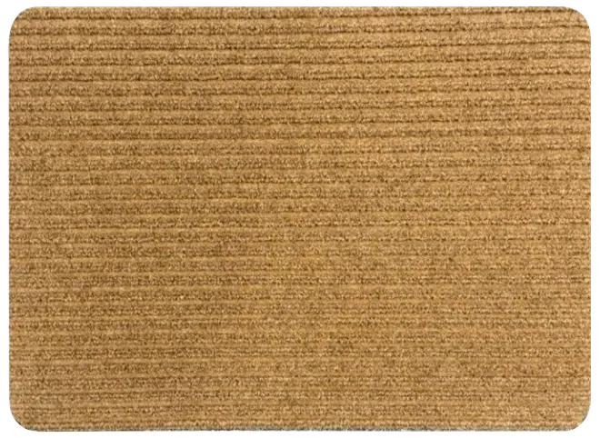 Rektangulär brun dörrmatta med horisontell ribbad struktur, tillverkad av kokosfiber. Rundade hörn och enkel, minimalistisk design för entréer.