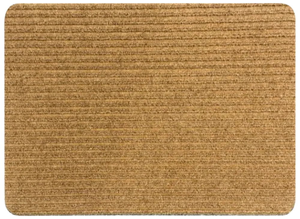 Rektangulär brun dörrmatta med horisontell ribbad struktur, tillverkad av kokosfiber. Rundade hörn och enkel, minimalistisk design för entréer.