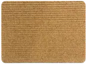 Rektangulær brun dørmåtte med vandret ribbet tekstur, lavet af kokosmateriale. Har afrundede hjørner og et enkelt, minimalistisk design til indgangspartier.
