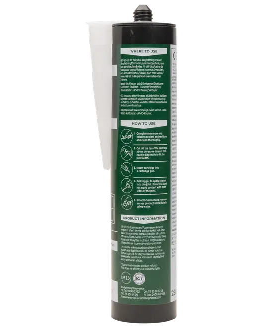 Cylindrisk patron med fugemasse, spids dyse, grøn og hvid etiket, brugsanvisning og produktinformation på bagsiden. Passer til brug med fugepistol.