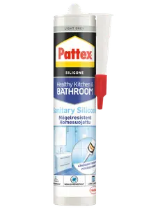 Pattex sundt køkken- og badeværelsessilikone, lysegrå, mugresistent, vandtæt, langtidsholdbar, egnet til fugning af samlinger i køkken og bad. Patron med dyse for nem påføring.