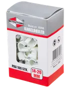 Æske med 100 hvide kabelbøjler til 14-20 mm kabler. Bøjlerne er af plast med metalspiker, bruges til fastgørelse af kabler. Mærke: Mitsutomo.