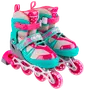 Justerbare rulleskøjter i pink, turkis og grå med mesh-paneler, sikre stropper og fire pink hjul pr. skøjte. Velegnet til børn. Slidstærkt og moderne design.