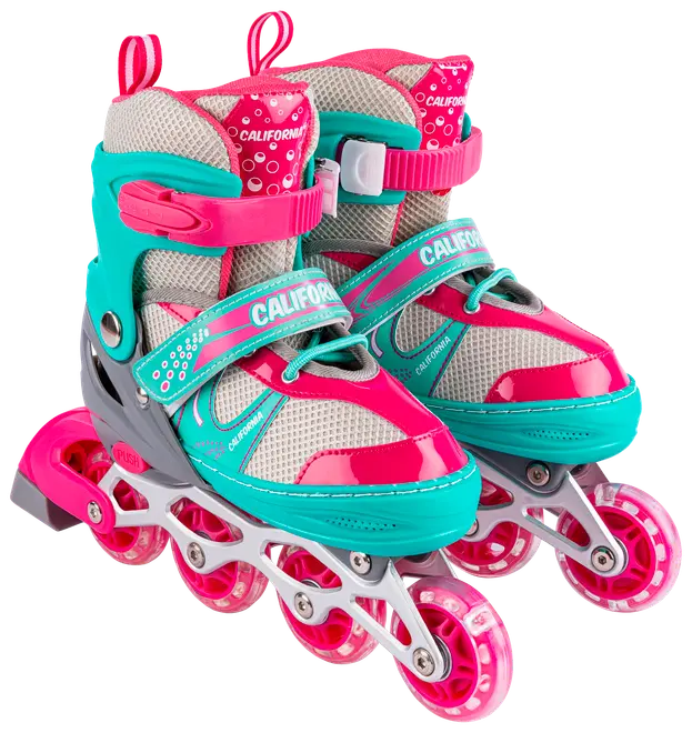 Justerbare rulleskøjter i pink, turkis og grå med mesh-paneler, sikre stropper og fire pink hjul pr. skøjte. Velegnet til børn. Slidstærkt og moderne design.
