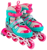 Justerbare rulleskøjter i pink, turkis og grå med mesh-paneler, sikre stropper og fire pink hjul pr. skøjte. Velegnet til børn. Slidstærkt og moderne design.