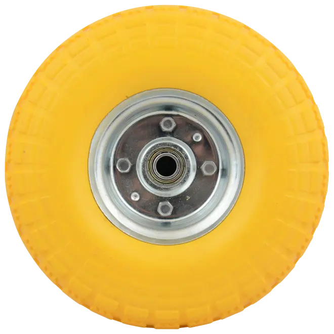 Gult massivt gummihjul med mönstrad slitbana och silverfärgad nav i metall. Passar vagnar eller kärror. Centralt kullager för smidig rotation, punkteringsfritt.