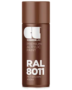 Cosmoslac premium akryl spraymaling, RAL 8011 Nut Brown, 400ml dåse. Mat finish, egnet til indendørs og udendørs brug. Nem aerosol påføring.
