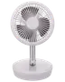 Kompakt hvid bordventilator med rund gitter, tre sorte blade, solid rund base og justerbar højde. Perfekt til personlig afkøling på kontor eller i soveværelse.