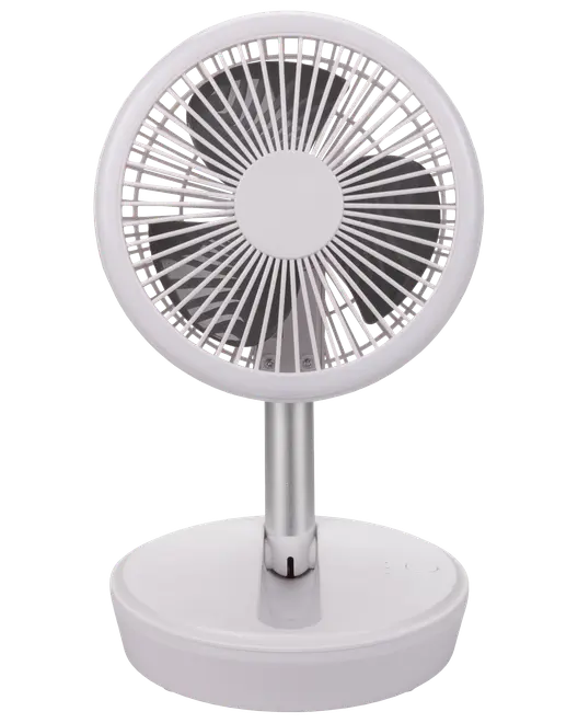 Kompakt hvid bordventilator med rund gitter, tre sorte blade, solid rund base og justerbar højde. Perfekt til personlig afkøling på kontor eller i soveværelse.