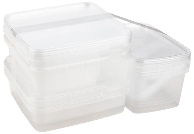 Set med genomskinliga, fyrkantiga plastmatlådor med tillhörande lock. Stapelbar design, passar för matförvaring, rester eller organisering. Hållbara, återanvändbara och lätta att rengöra.