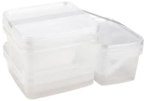 Set med genomskinliga, fyrkantiga plastmatlådor med tillhörande lock. Stapelbar design, passar för matförvaring, rester eller organisering. Hållbara, återanvändbara och lätta att rengöra.