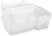 Staplad uppsättning rektangulära, genomskinliga plastmatlådor med lock. Återanvändbara, tåliga och perfekta för matförvaring, rester eller organisering. Tål diskmaskin och mikrovågsugn.