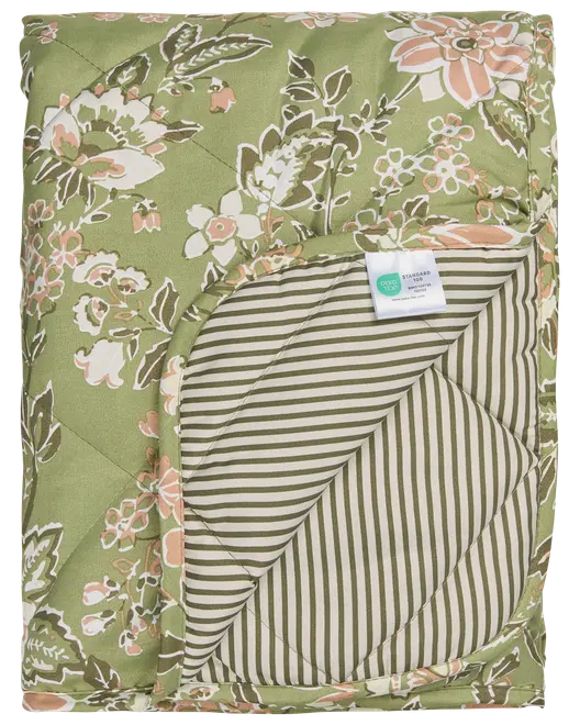 Grönt quiltat örngott med rosa och vitt blommönster, randigt innerfoder i grönt och vitt. Tillverkat av ekologisk bomull, standardstorlek, mjukt och dekorativt.