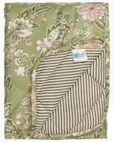 Vatteret tæppe med brun og hvidt blomsterprint på den ene side, beige og hvide striber på bagsiden, blød tekstur og synligt plejemærke. Velegnet til seng eller dekoration.