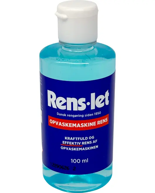 100 ml flaske Rens-let opvaskemaskine rens med blå væske, hvid flip-top låg og blå etiket. Til kraftfuld og effektiv rengøring af opvaskemaskiner.
