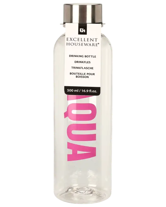 Gennemsigtig 500 ml drikkedunk med sølvfarvet skruelåg, Excellent Houseware-label og pink AQUA-tryk.