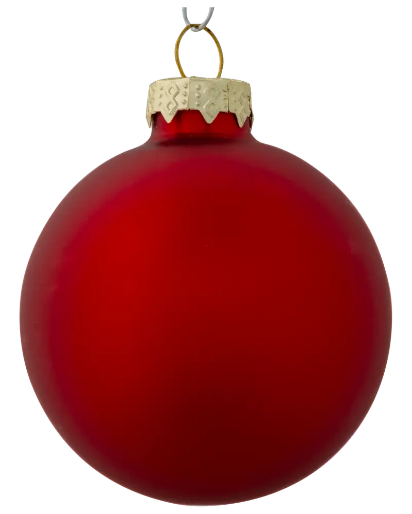 Rund röd julgranskula med matt yta, dekorativt guldfäste och hängögla. Perfekt för granen, festdekorationer eller pyssel. Klassisk och elegant juldekoration.