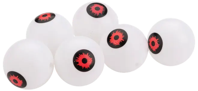 Set med sex vita pingisbollar, var och en med ett svart och rött ögondesign på ena sidan, perfekta för festlekar eller Halloween-teman.