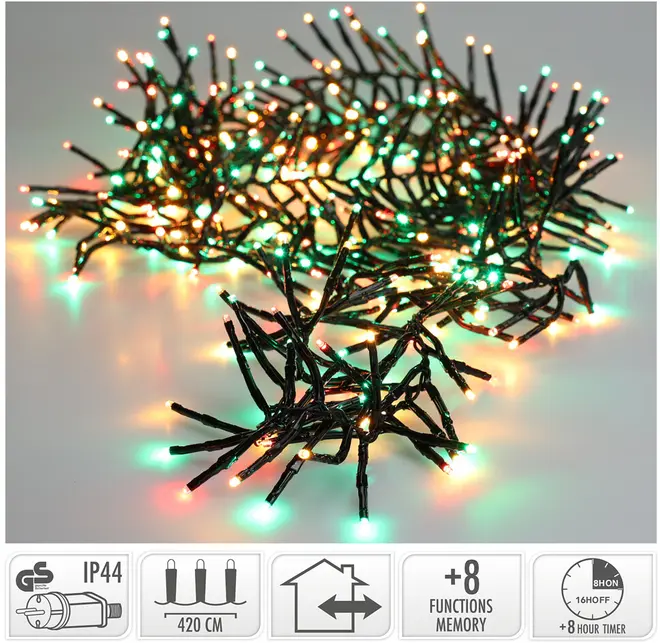 Flerfärgad LED-ljusslinga med grön kabel, 420 cm lång, för inomhus- och utomhusbruk, har 8 ljuslägen, minne och 8-timmars timer.