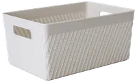 Rektangulär vit plastkorg med flätad struktur, öppen ovansida och inbyggda handtag på båda sidor. Perfekt för förvaring av hem- eller kontorsartiklar.
