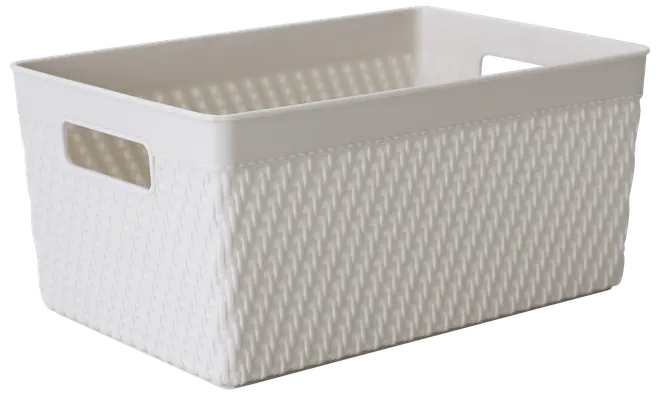 Rektangulär vit plastkorg med flätad struktur, öppen ovansida och inbyggda handtag på båda sidor. Perfekt för förvaring av hem- eller kontorsartiklar.