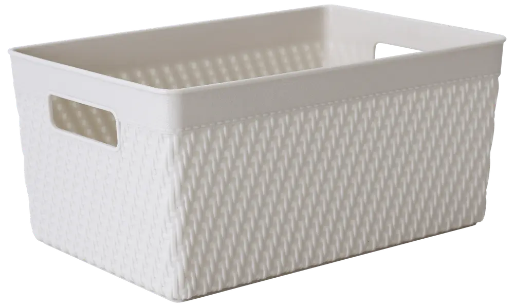 Rektangulär vit plastkorg med flätad struktur, öppen ovansida och inbyggda handtag på båda sidor. Perfekt för förvaring av hem- eller kontorsartiklar.