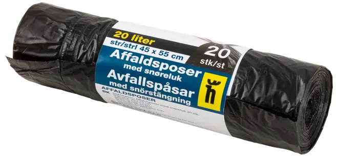 Rulle med sorte affaldsposer, 20 liter, 45 x 55 cm, med snørelukning. Indeholder 20 poser pr. rulle. Blå, hvid og gul etiket.