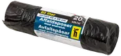 Rulle med sorte affaldsposer, 20 liter, 45 x 55 cm, med snørelukning. Indeholder 20 poser pr. rulle. Blå, hvid og gul etiket.